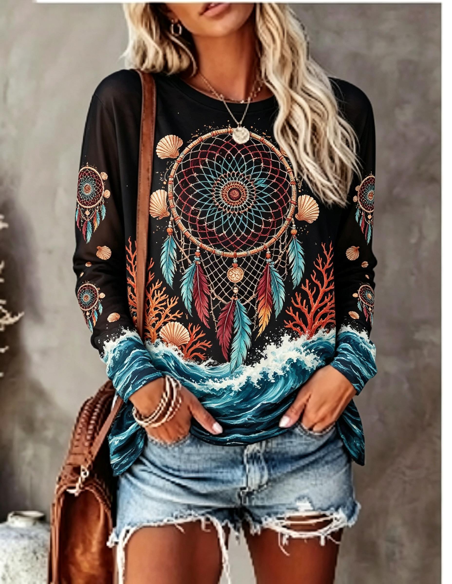 Blouses - Damen-T-Shirt mit Rundhalsausschnitt und langen Ärmeln,