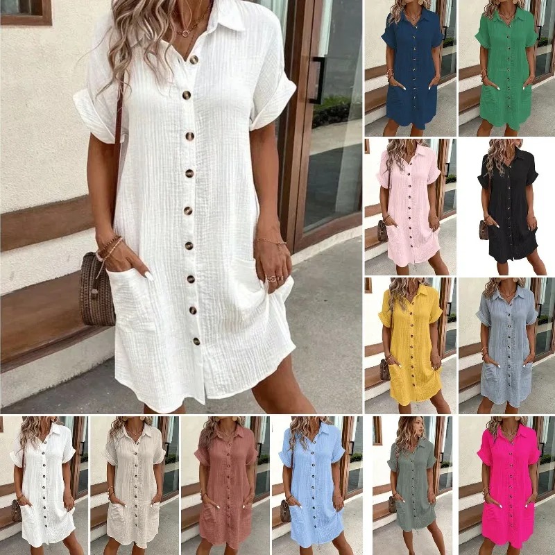 Casual Loose Linen Shirt Dress - Modisches Lässiges Baumwoll-Leinen-Kleid für Damen, Kurzärmeliges