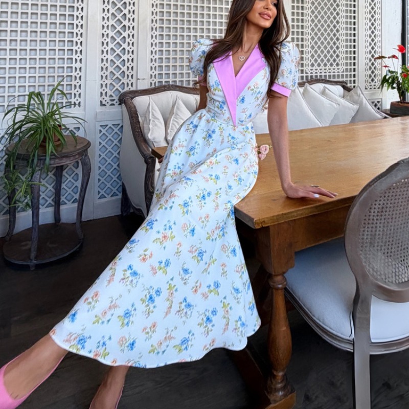 French Vintage Floral Midi Dress - Elegantes 2026 Sommer Blumenmuster Korsett Midikleid