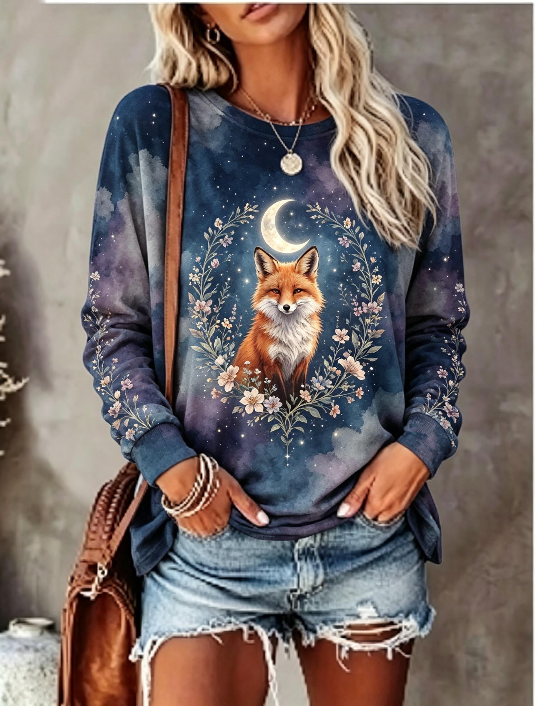 Damen-Langarm-T-Shirt mit Wolf – Blouses Bewertung und Preis